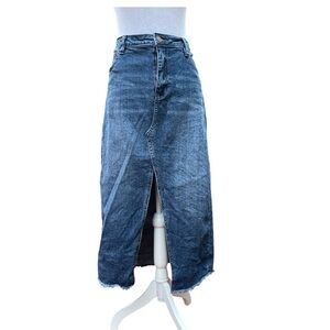 CELEBRITY PINK W31 blue long denim midi front split stretch raw hem skirt